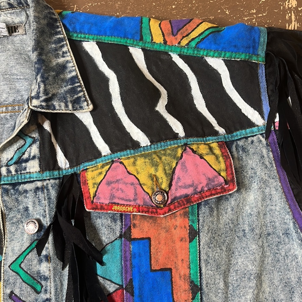 Vintage 90's hand painted jordache denim jacket southwest cow print - Picture 7 of 14